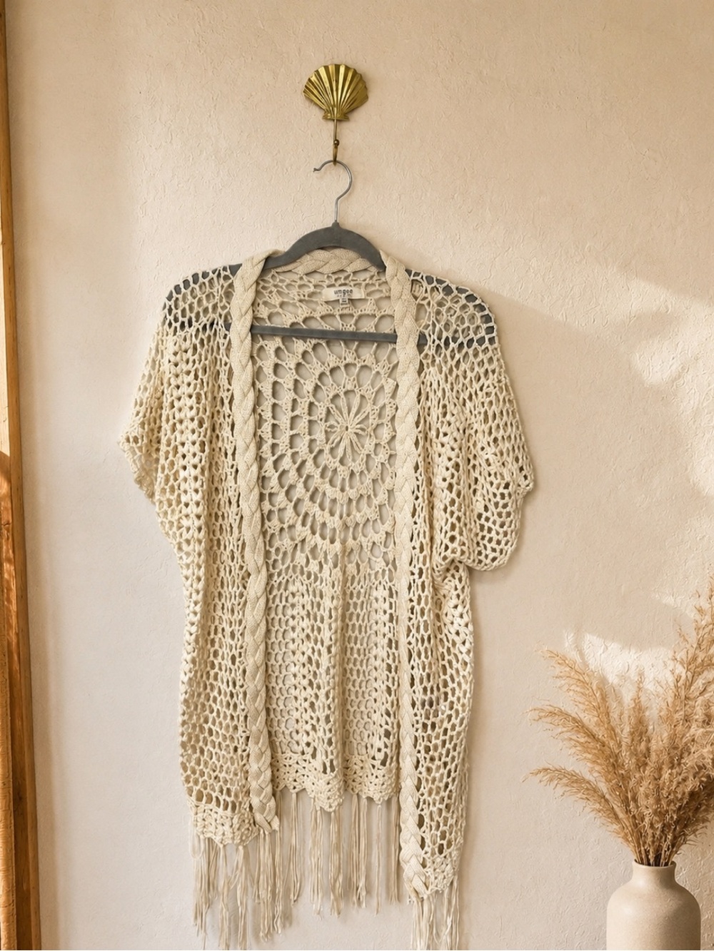 Umgee Cream Crochet Open Knit Fringe Boho Kimono Cardigan Size M